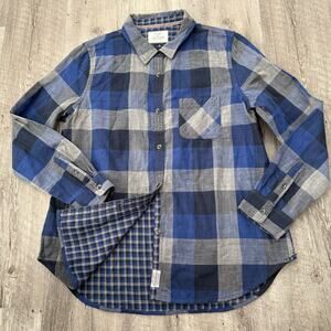 Flag & Anthem Button Up Shirt Womens Medium Long Sleeve Blue Buffalo Plaid Top